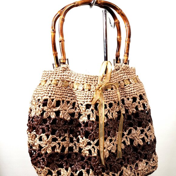 Vintage Woven Straw Rattan purse, Cottagecore Boho bow bamboo handle W/ wallet - Picture 1 of 9